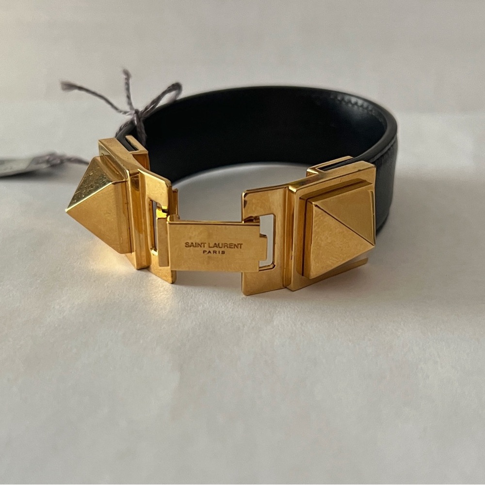 Saint Laurent Paris Bracelet 340571 Black Gold Hardware Leather Metal Bracelet